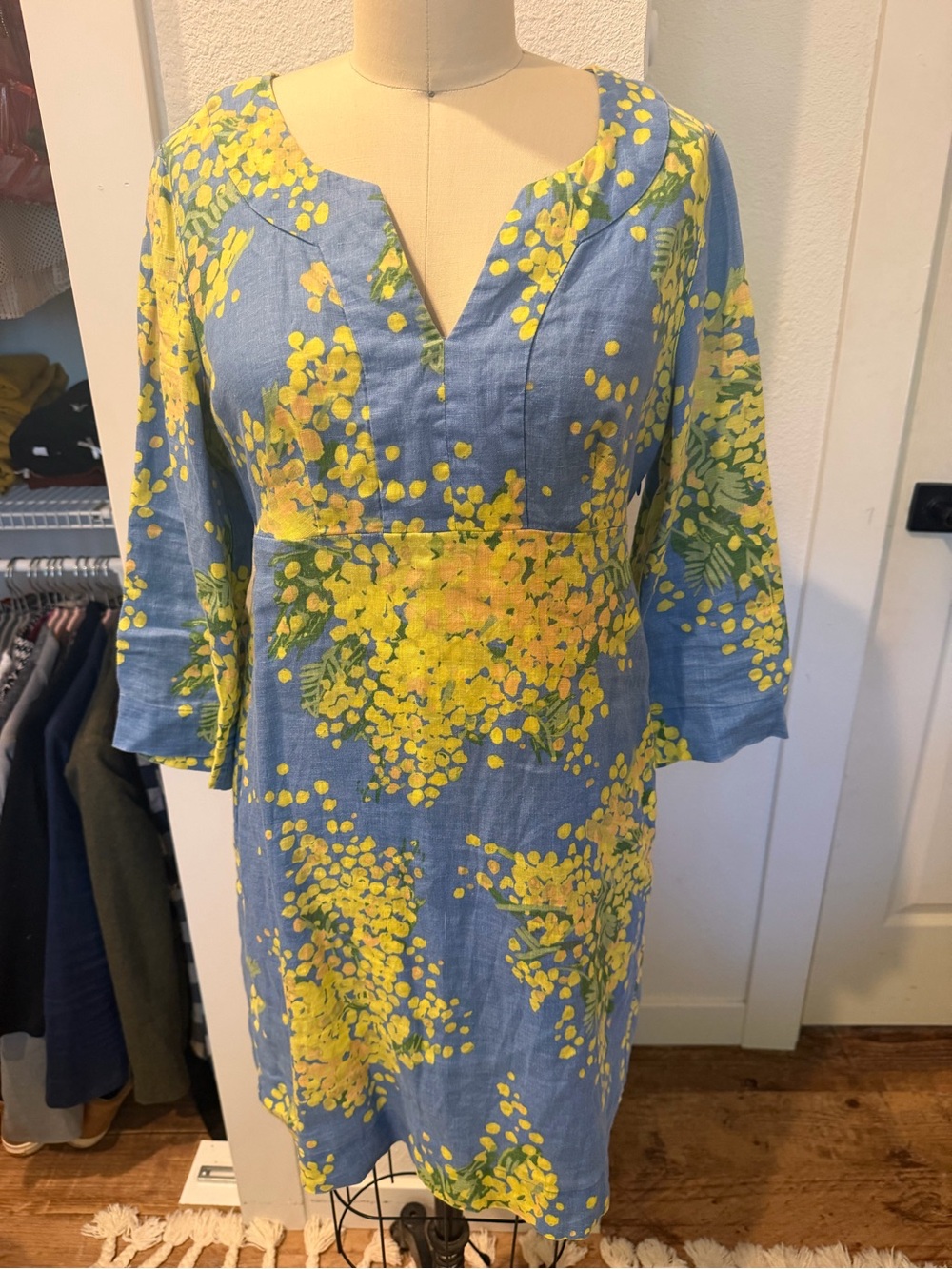 Blue & Yellow Floral V-Neck Linen Dress
